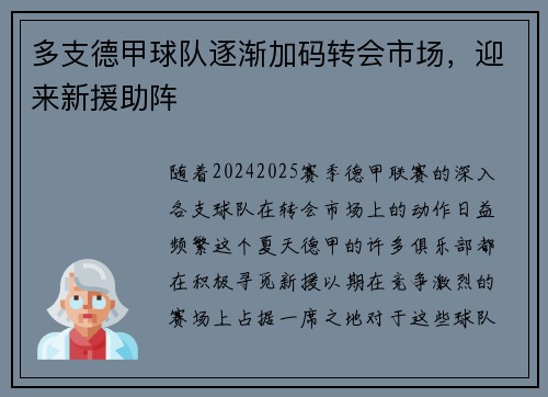 多支德甲球队逐渐加码转会市场，迎来新援助阵