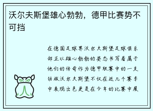 沃尔夫斯堡雄心勃勃，德甲比赛势不可挡