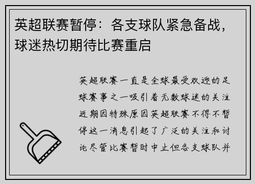 英超联赛暂停：各支球队紧急备战，球迷热切期待比赛重启